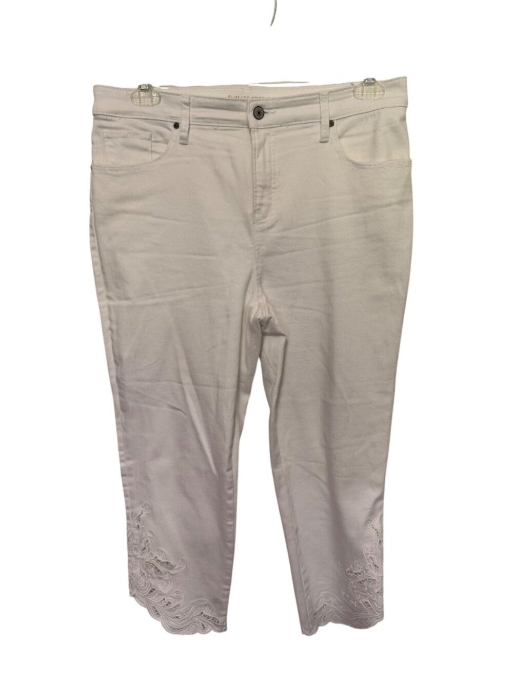 Chico's Slim Leg Crop Jeans White with Cutout hemline Womans 12